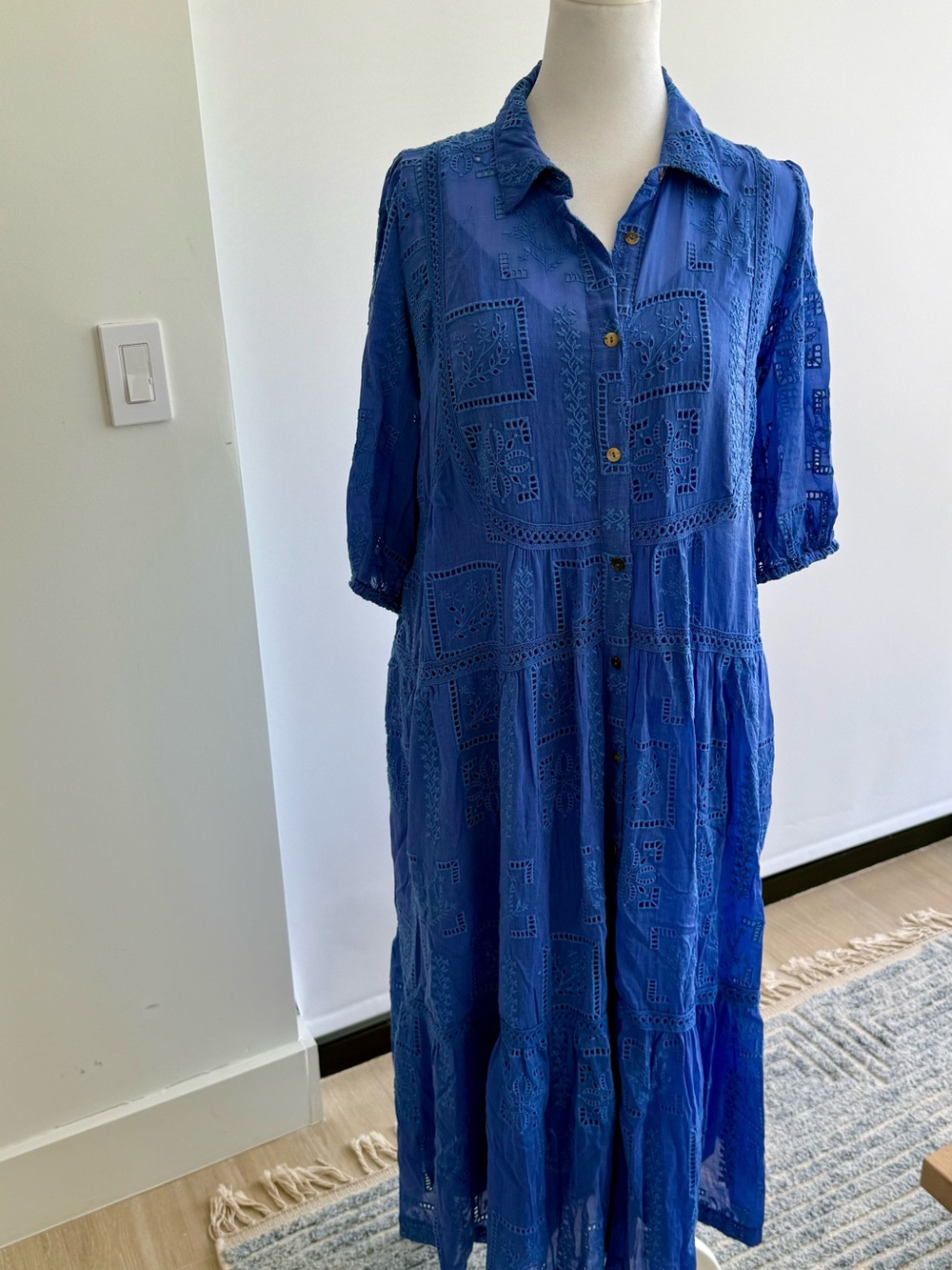 Johnny Was Royal Blue Eyelet Button-Front Maxi Dress